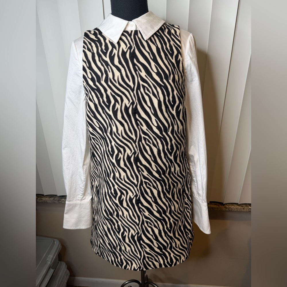 Ted Baker Lisabel Tan Black Jacquard Long Sleeve Shift Dress Size 3/ US Medium
